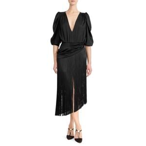 Magda Butrym Wels Black Asymmetric Fringed Silk Satin Midi Dress EU 36 US 4